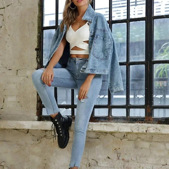 Blue Casual Womens Solid Dual Pocket Denim Jacket - Picture 3 of 6